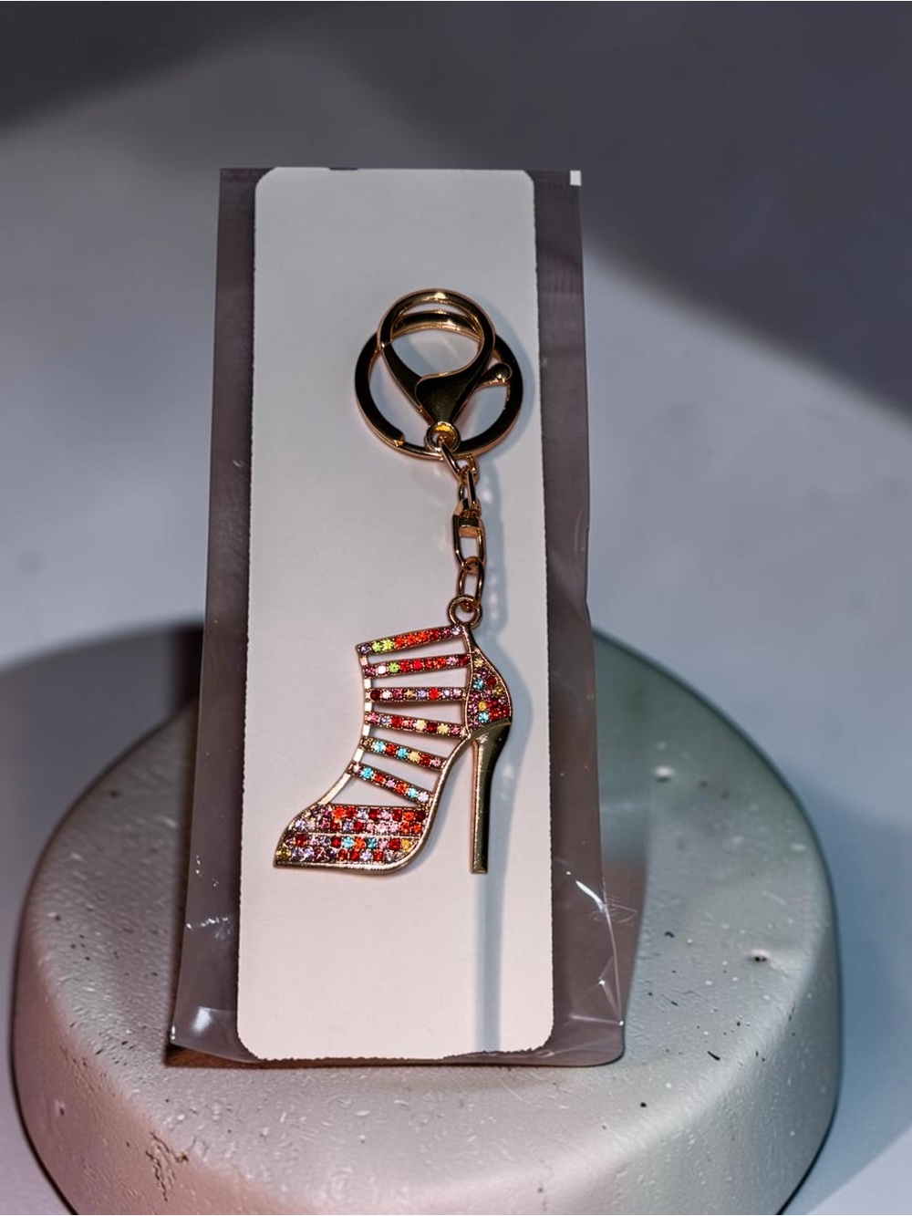 Rhinestone High Heel Shoe Keychain Bag Charm Gold Tone Multicolor NWOT